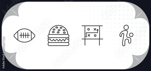 outline icons set - american football concept. american football ball, hamburger, game planning, kicking the ball.