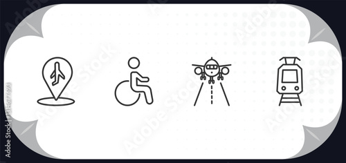 outline icons set - airport terminal concept. airport placeholder, disable, landing runway, car trolley.