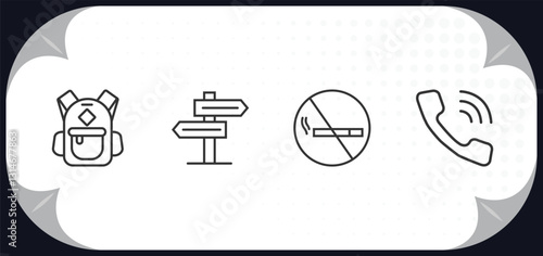 outline icons set - airport terminal concept. big backpack, direction post, no smoking, telephone.