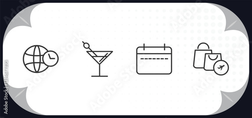 outline icons set - airport terminal concept. time zones, martini with olive, week calendar, duty free basket.