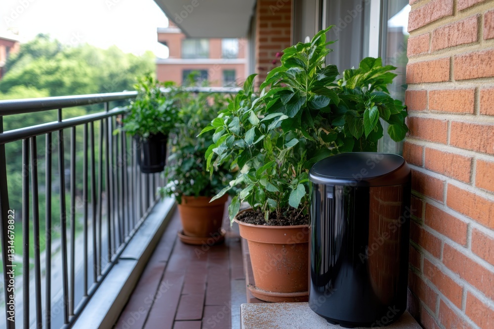 Obraz premium An urban balcony showcases vibrant greenery alongside a sleek trash bin, illustrating the blend of nature and contemporary design in modern living environments.
