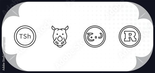 outline icons set - africa concept. tanzanian shilling, rhino, aerian dinar, south african rand.