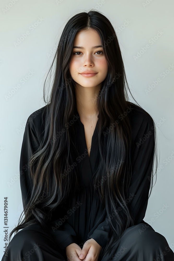 Fototapeta premium Young Asian woman with long flowing black hair wearing black outfit against light background, gentle smile and natural makeup for beauty and fashion portraits.