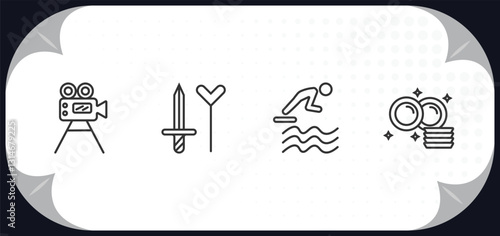outline icons set - activity and hobbies concept. film making, cosplaying, jumping to the water, dish washing.