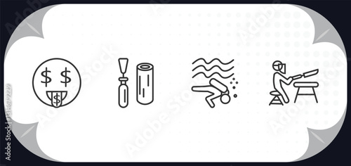 outline icons set - activity and hobbies concept. greedy, wood carving, diving, knife making.