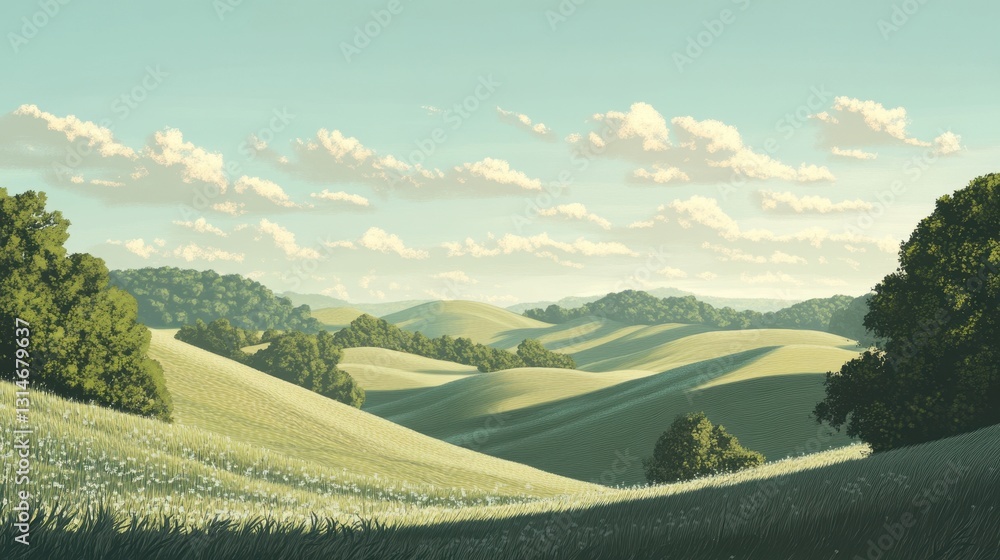 Fototapeta premium The rolling hills of a secluded valley provide an intimate, protective feeling, wrapping the landscape in a soft embrace that symbolizes unity and safety.