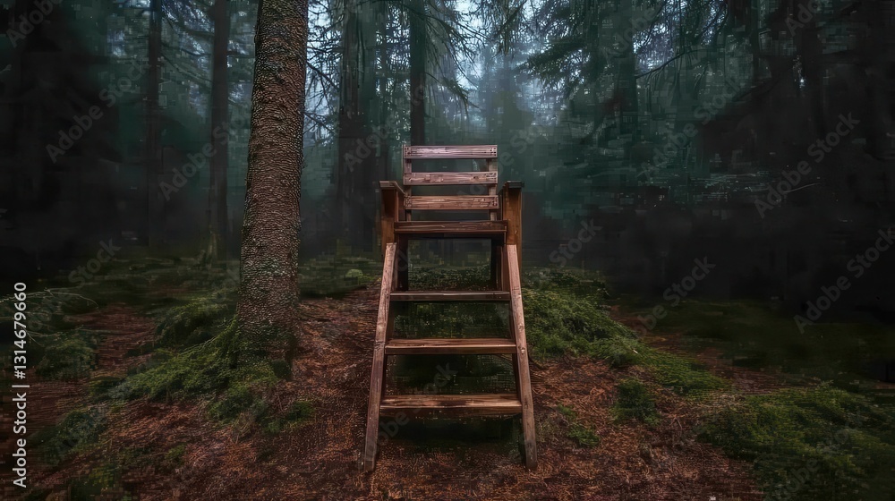 A wooden ladder stands alone in a dense, misty forest surrounded by tall trees and lush moss, evoking a sense of mystery and tranquility in nature's embrace. A wooden ladder stands alone in a dense, misty forest surrounded by tall trees and lush moss, evoking a sense of mystery and tranquility in nature's embrace.