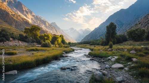 The tranquil flow of a river through a valley, embraced by mountains, creating a peaceful environment that evokes feelings of security and natural unity. photo