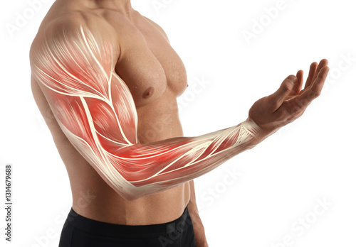 Muscular system. Athletic man with illustration of skeletal muscles on his arm, white background