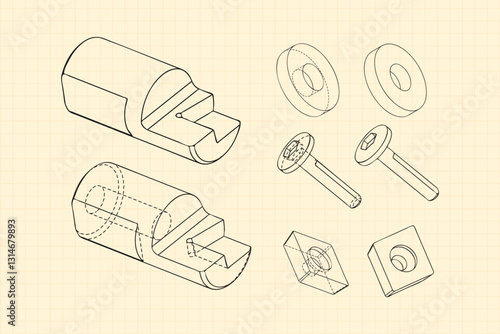 Mechanical engineering drawings on sepia background. Cutter, assembly tool with replaceable multi-faceted plate. Technical Design. Cover. Blueprint. Vector illustration.