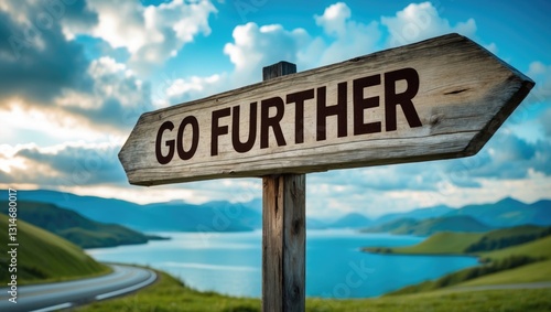 Wooden sign that says Go Further with a scenic background.
