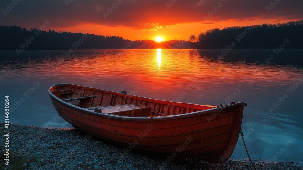 Naklejka premium A tranquil lakeside scene at sunset, showcasing a calm body of water reflecting vibrant orange and yellow hues in the sky.