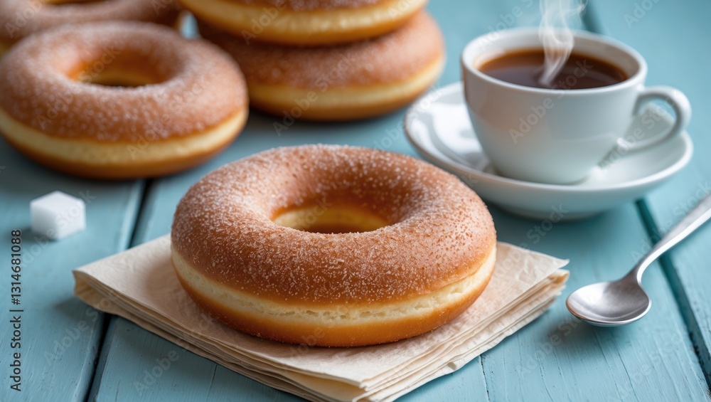 Fresh donut presented alongside a cup of coffee on a blue table. Fresh donut presented alongside a cup of coffee on a blue table.