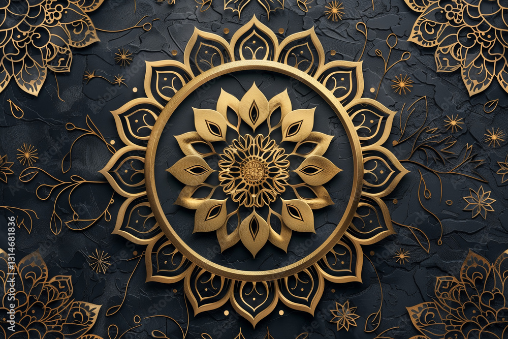 Elegant golden mandala on deep black background, featuring intricate floral patterns and royal symmetry. Elegant golden mandala on deep black background, featuring intricate floral patterns and royal symmetry.