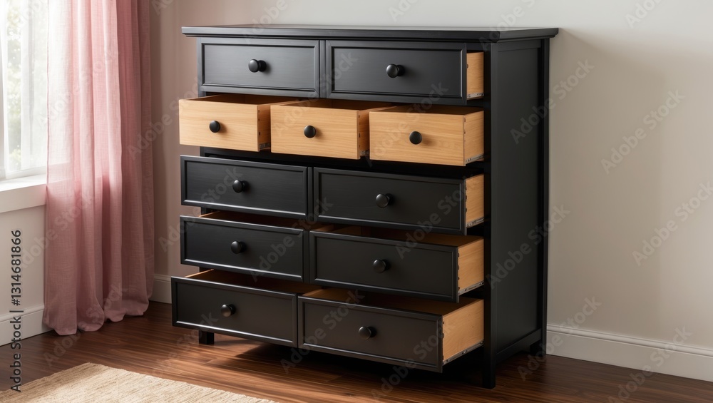 Black chest of drawers made from wooden components, placed on a brown laminate floor against a white wall. Black chest of drawers made from wooden components, placed on a brown laminate floor against a white wall.