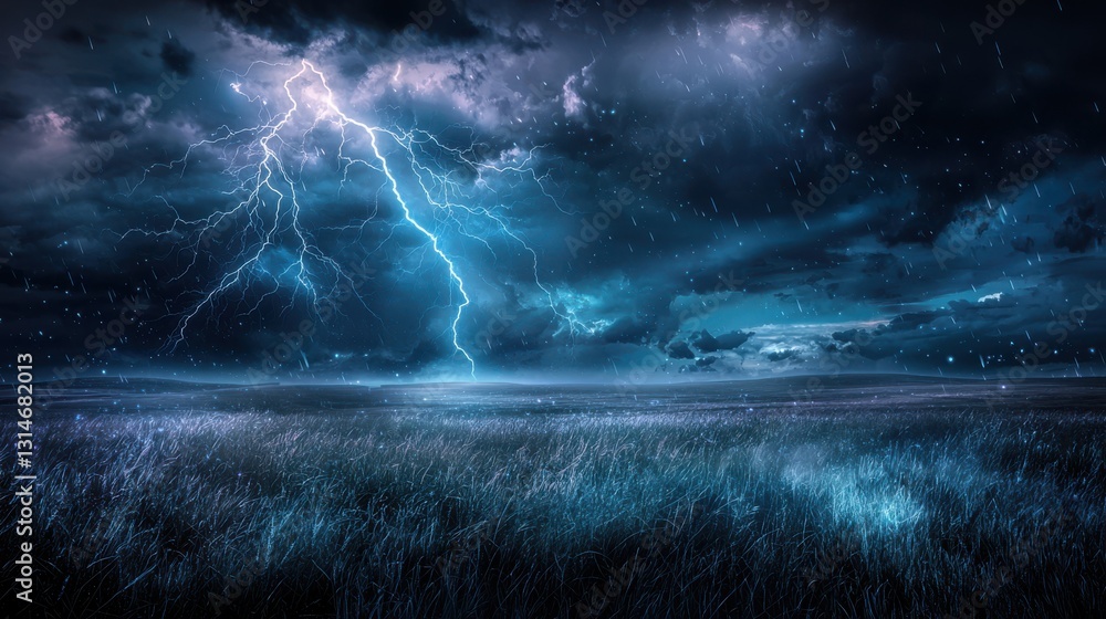 Fototapeta premium Thunderstorm lightning strike open field nature scene dramatic sky