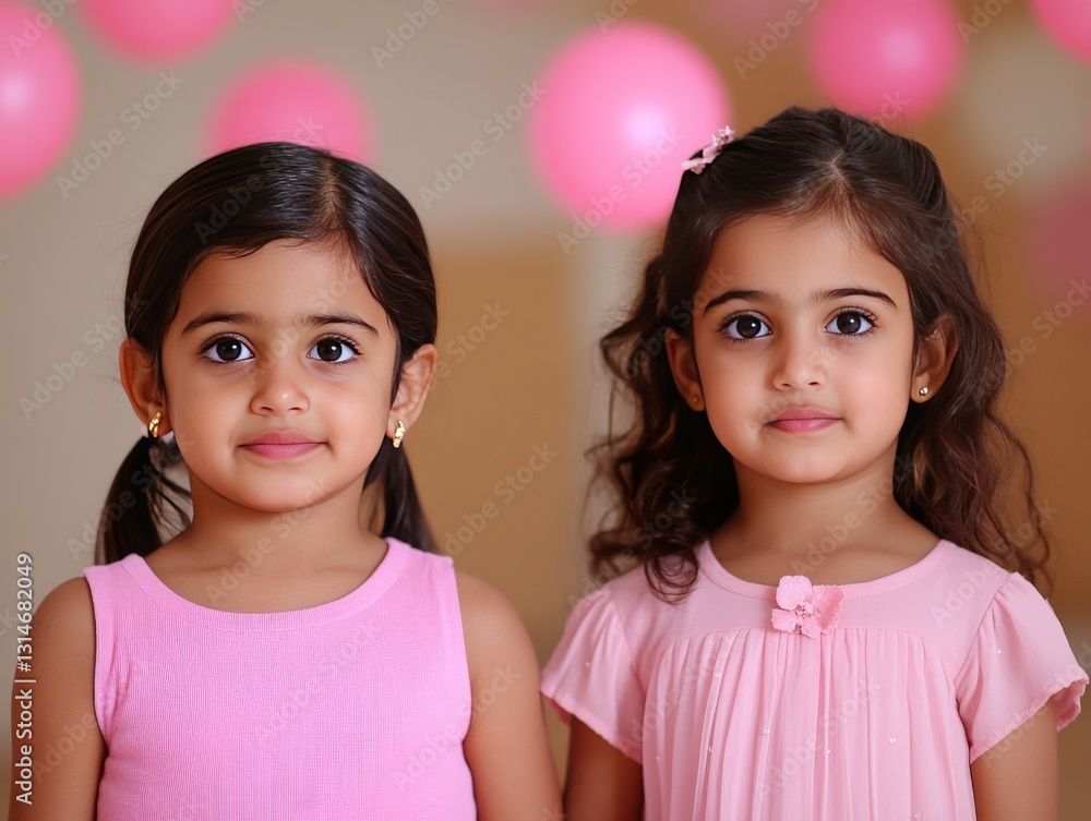 Two young girls in pink dresses standing close together at a colorful birthday party smiling warmly at the camera expressing happiness and friendship in a lively festive setting Two young girls in pink dresses standing close together at a colorful birthday party smiling warmly at the camera expressing happiness and friendship in a lively festive setting