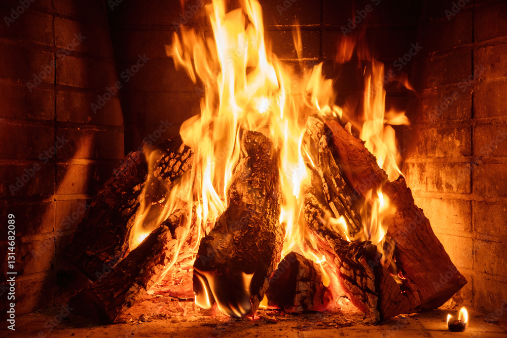 Obraz premium Fire burning in a fireplace, wood logs, flames. Warm home, heat. Christmas holiday.
