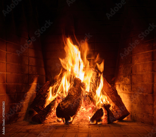 Fire burning in a fireplace, wood logs, flames. Warm home, heat. Christmas holiday.