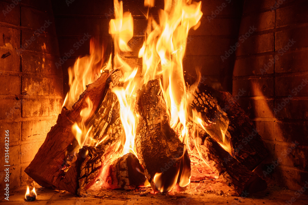 Obraz premium Fire burning in a fireplace, wood logs, flames. Warm home, heat. Christmas holiday.