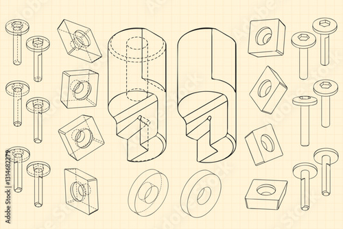 Mechanical engineering drawings on sepia background. Cutter, assembly tool with replaceable multi-faceted plate. Technical Design. Cover. Blueprint. Vector illustration.