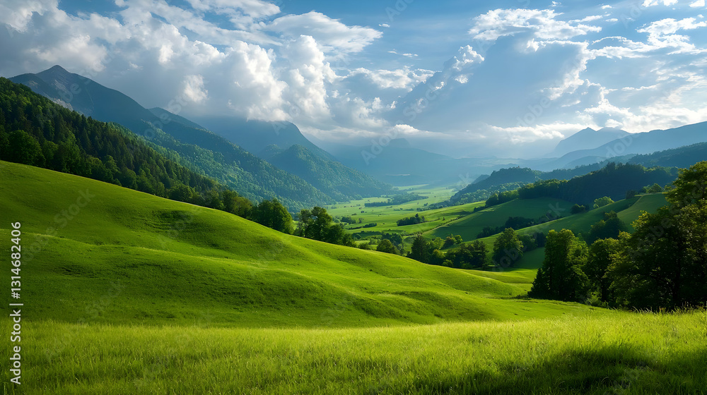 Obraz premium Lush Green Valley and Rolling Hills in the Alps under a Cloudy Blue Sky during Springtime in Europe