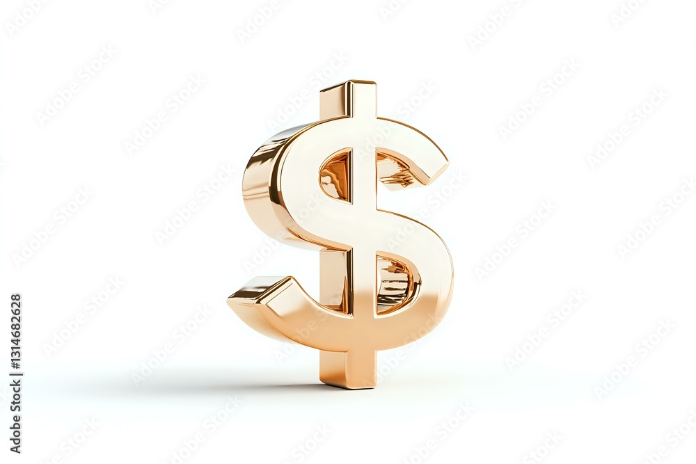 Golden dollar sign symbol on white background, metallic currency icon with reflective surface and soft shadow, isolated financial element for business designs. Golden dollar sign symbol on white background, metallic currency icon with reflective surface and soft shadow, isolated financial element for business designs.
