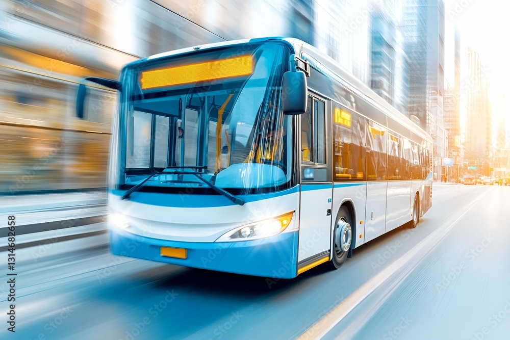 Modern city bus with a sleek white and blue design speeding through an urban environment, surrounded by motion blur and sunlight reflections. The dynamic perspective highlights efficient public transp Modern city bus with a sleek white and blue design speeding through an urban environment, surrounded by motion blur and sunlight reflections. The dynamic perspective highlights efficient public transp
