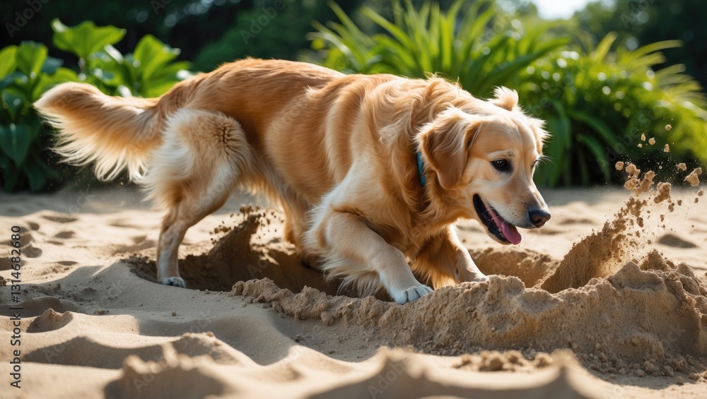 Golden Retriever Dog Excavates a Hole in the Sand Golden Retriever Dog Excavates a Hole in the Sand