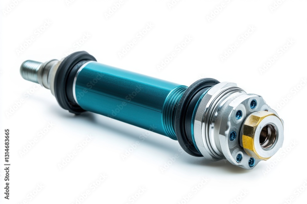 Close Up of a Shiny Turquoise and Silver Bicycle Bottom Bracket on White Backdrop with Studio Lighting