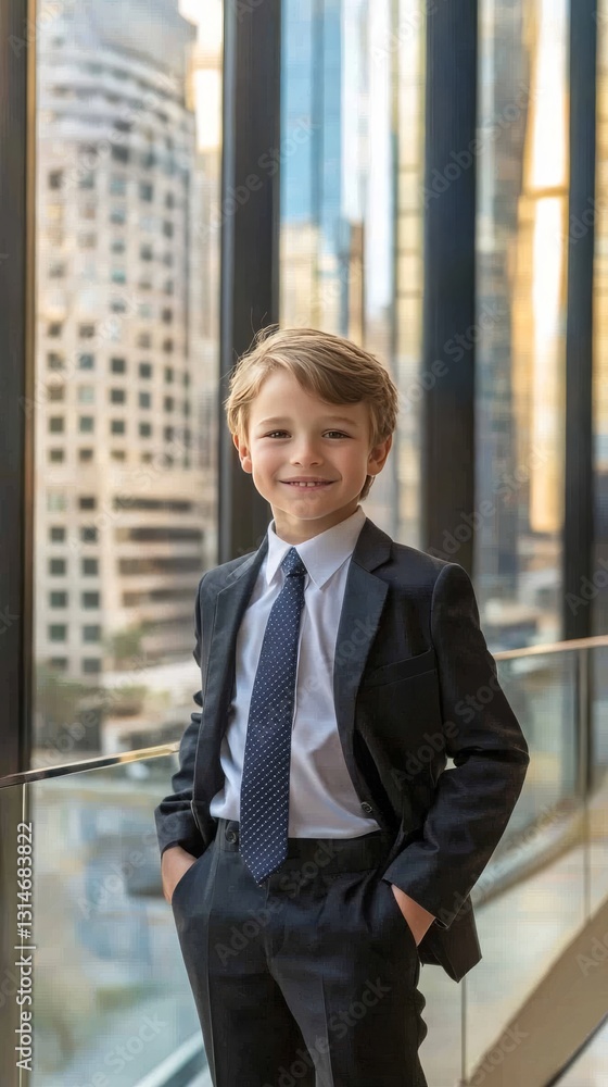 Young child dressed in a formal business suit with tie, standing confidently inside a modern glass office building Young child dressed in a formal business suit with tie, standing confidently inside a modern glass office building