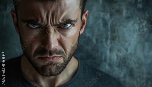Close-Up Portrait Of An Angry Young Man On The Verge Of A Nervous Breakdown Against A Gray Wall, Depicting Negative Human Emotions.