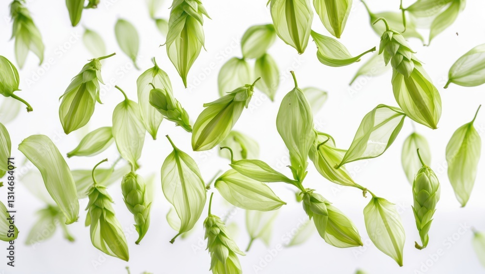 Fresh green hops petals falling through the air, isolated against a white background. Fresh green hops petals falling through the air, isolated against a white background.