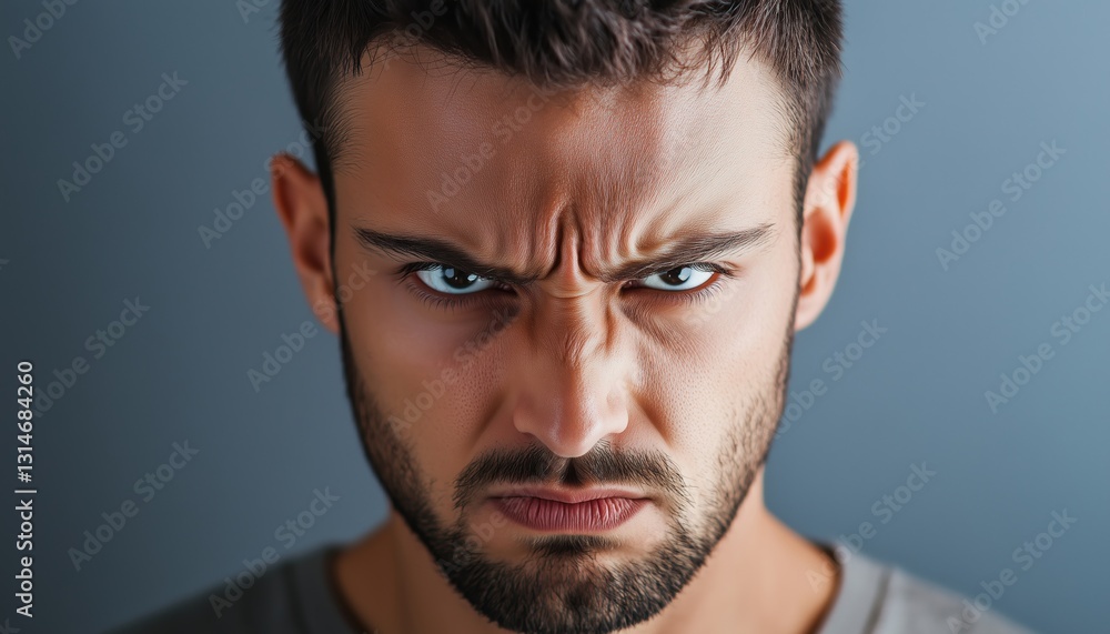 Obraz premium Close-Up Portrait Of Young Man On The Verge Of A Nervous Breakdown, Showing Negative Human Emotions On Gray Wall. Facial Expression Conveys Feelings And Attitude.