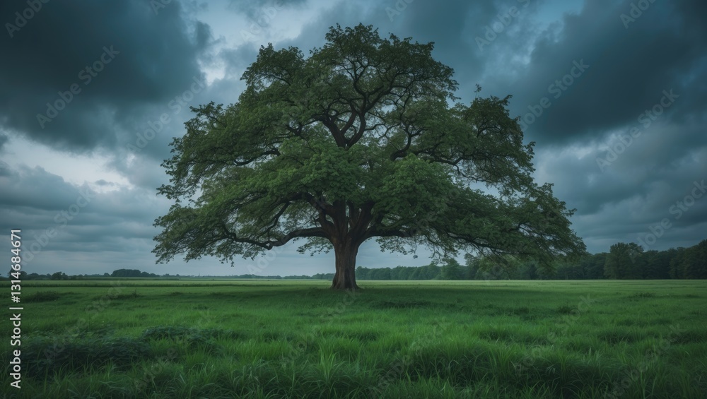 Obraz premium Stunning view of a tree located in the center of a green field beneath a cloudy sky.