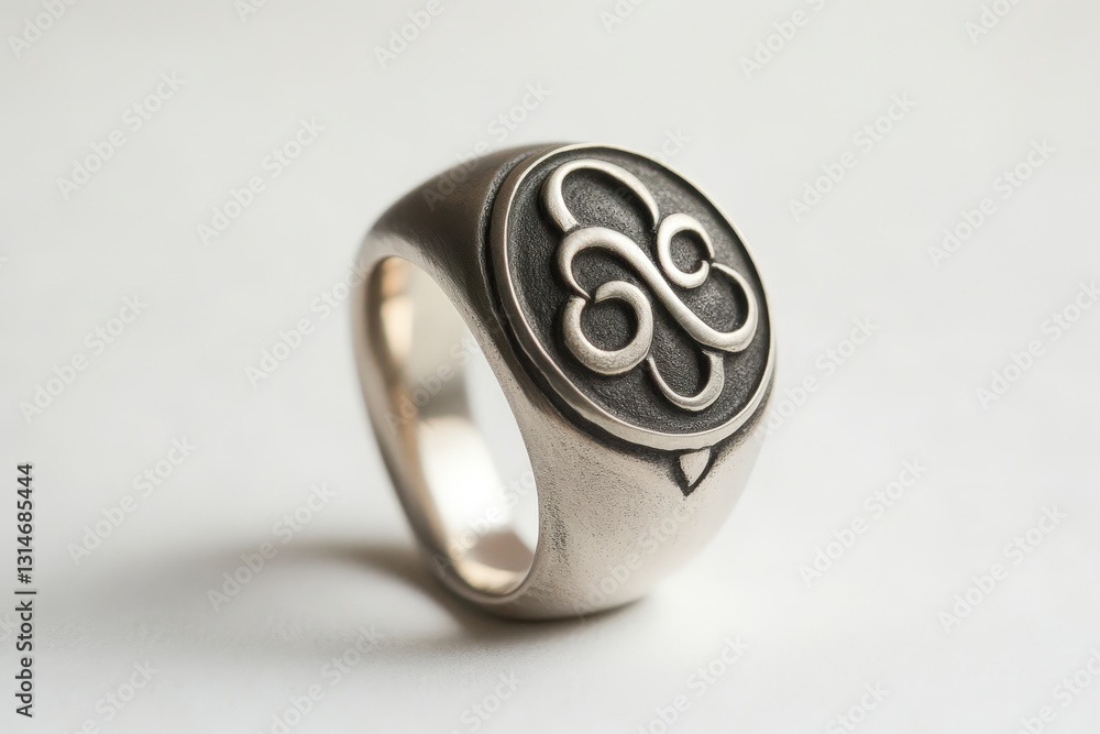 An intricately detailed silver ring with a circular emblem An intricately detailed silver ring with a circular emblem