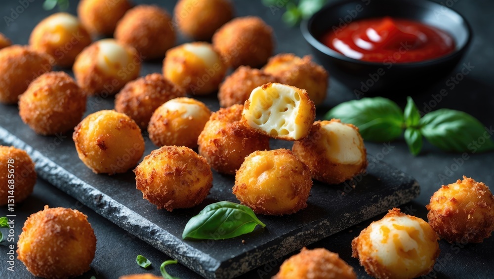 Fried mozzarella and cheddar cheese bites served with ketchup on a rustic stone board. Fried mozzarella and cheddar cheese bites served with ketchup on a rustic stone board.