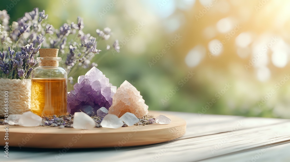 Wellness spa composition with essential lavender oil, healing crystals and dried flowers on wooden tray against soft natural background. Holistic therapy setup. Wellness spa composition with essential lavender oil, healing crystals and dried flowers on wooden tray against soft natural background. Holistic therapy setup.