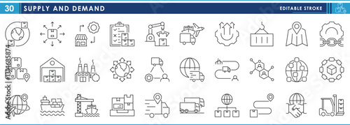 A set of line icons related to Supply and Demand. Supply chain, delivery, production, transport, goods, services, business, and so on. Vector editable stroke.