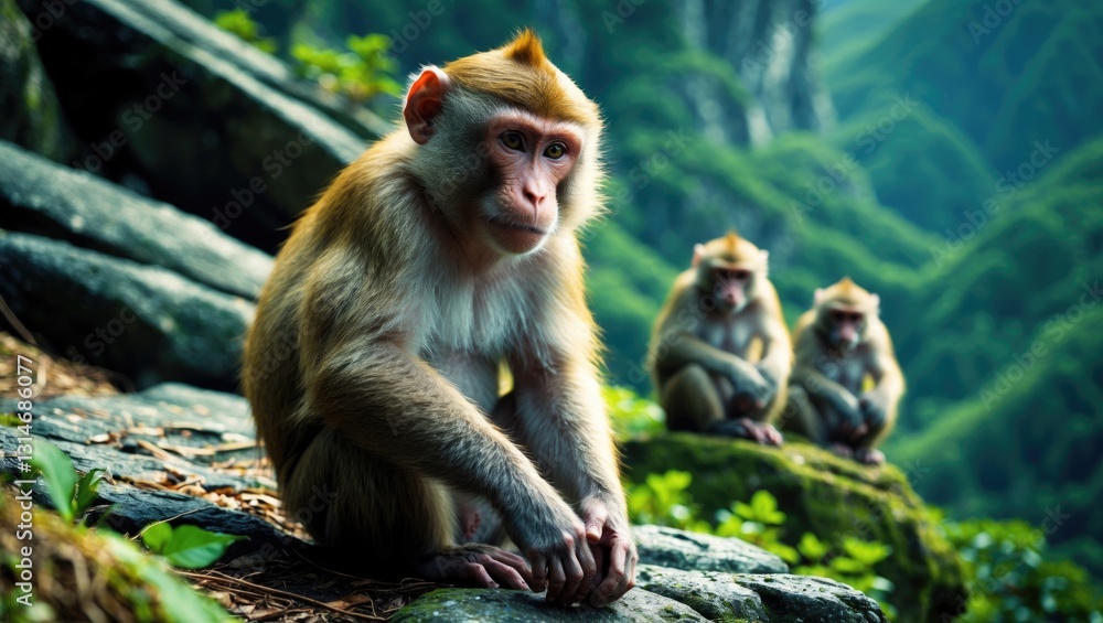 Formosan rock macaque on Monkey Mountain depicted. Formosan rock macaque on Monkey Mountain depicted.