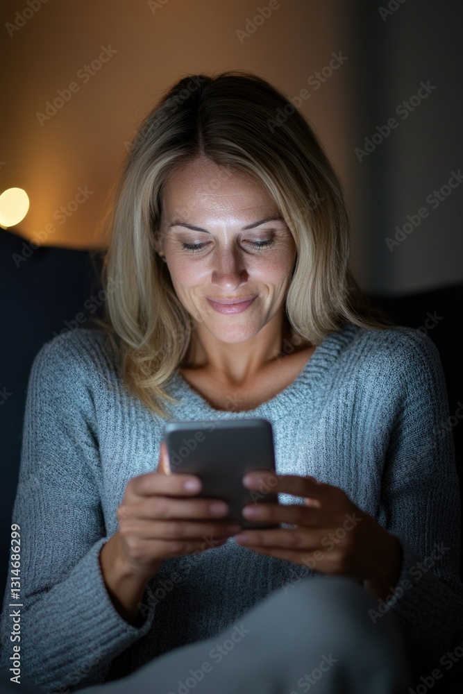 Woman enjoying nighttime smartphone browsing for inspiration and connection Woman enjoying nighttime smartphone browsing for inspiration and connection