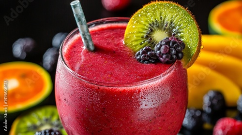 Refreshing Berry Smoothie with Kiwi and Blackberry Garnish