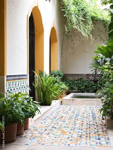 Serene tiled patio oasis with potted plants and elegant fountain for tranquil outdoor spaces