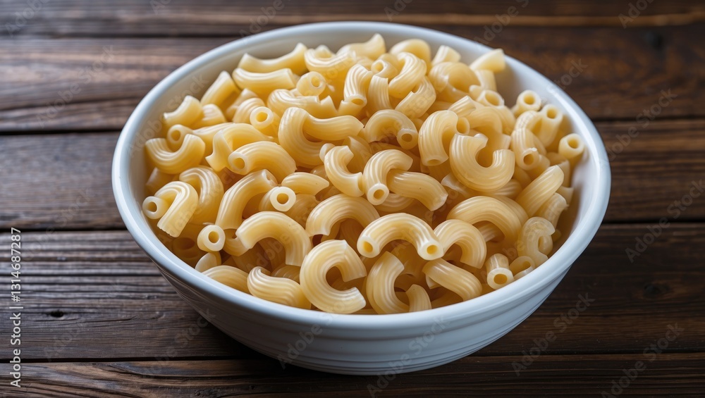 Boiled macaroni pasta served in a white dish placed on a wooden table. Boiled macaroni pasta served in a white dish placed on a wooden table.