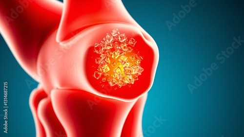 Visual representation of gout, showing uric acid crystal buildup in a joint, causing inflammation and pain, with a close-up of the affected area for clarity