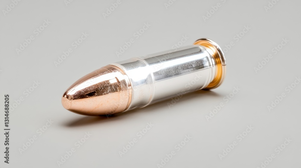This image features a close-up of a shiny metallic bullet resting on a neutral gray background, showcasing its sleek design and polished finish. This image features a close-up of a shiny metallic bullet resting on a neutral gray background, showcasing its sleek design and polished finish.