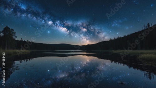 Wallpaper Mural With a starry sky, a natural lake, a body of water, and reflections of the cosmos, stars, and planets, this represents an abstract nighttime dream landscape. Torontodigital.ca