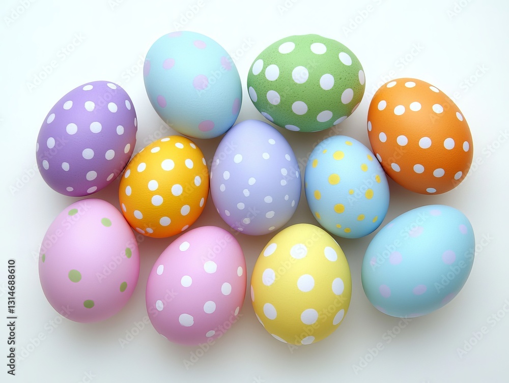 Pastel colored polka dot Easter eggs arranged in symmetrical pattern on white background representing festive holiday celebration and traditional springtime decor Pastel colored polka dot Easter eggs arranged in symmetrical pattern on white background representing festive holiday celebration and traditional springtime decor