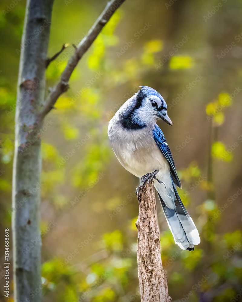 .A blue jay perches gracefully on a branch, surrounded by a softly blurred forest background. The bird's vibrant blue and white feathers stand out against the greenery.