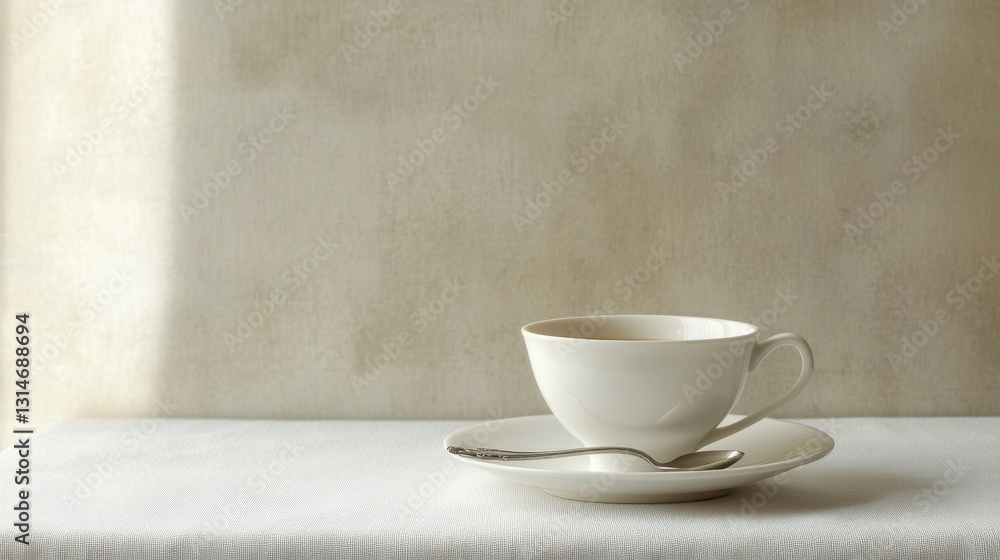 Fototapeta premium Tea in a classic porcelain cup with a silver spoon resting on a white saucer, simple elegance